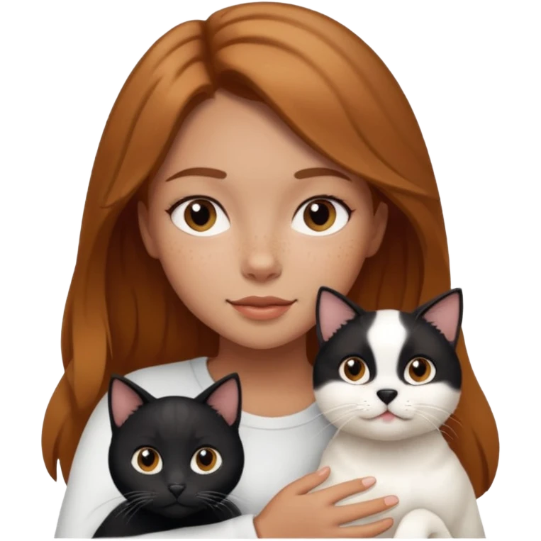 Girl with light brown hair, a few miles on her face, holding a white dog and a black cat  emoji