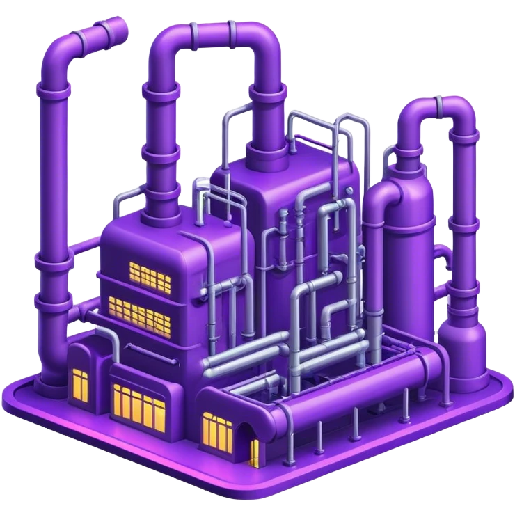 AI-powered factory. It should be a building with pipes. Add violet neon glowing symbolizing power of AI emoji