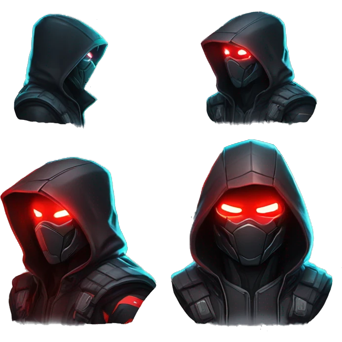 developer behind his laptop with this style : crysis Cyberpunk Riot Games Valorant neon glowing bright red character red dark black hooded assassin themed character emoji