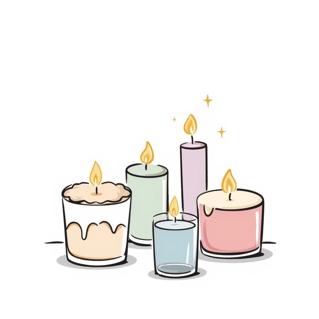 candles in glass holders, some lit with gentle flames, pastel colors dd9fb0 ffc6d3 a3bfc9 c4bee2 f1b091, detailed hand-drawn doodle style emoji