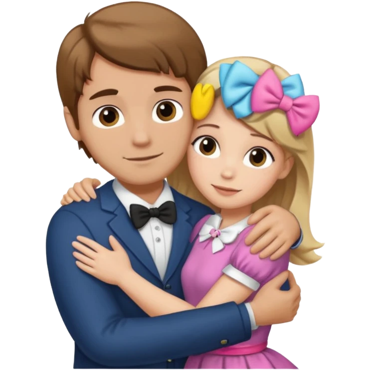 (Brown hair white girl) hugging blonde man with bows emoji