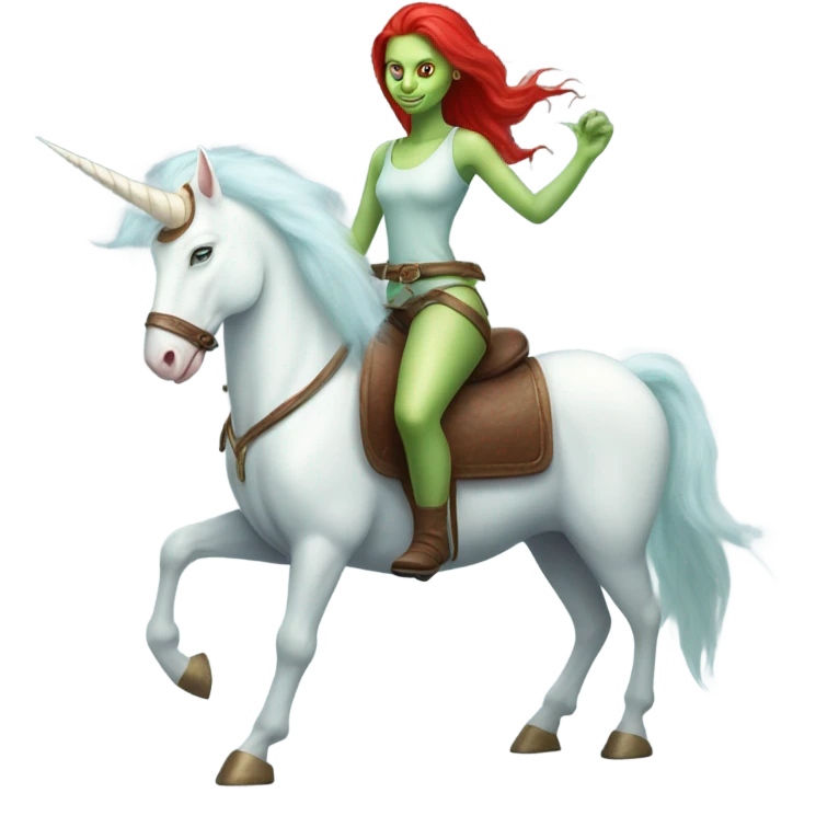 [politically incorrect
	{ woman: alien, color: light green, hair:red, eyes:cat} ]
	on a 
	[{ unicorn: white, legged:four, mane: light blue }] emoji