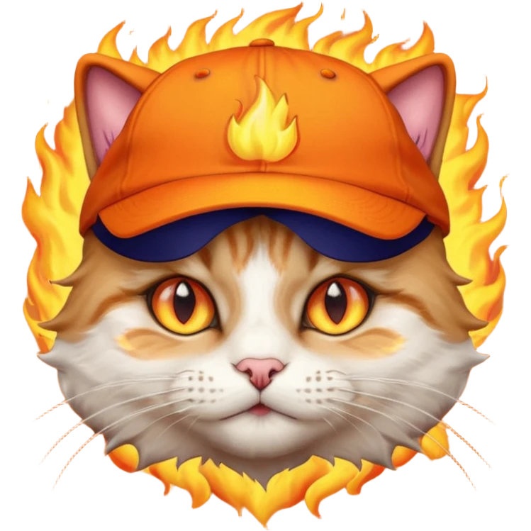 Cat with the flames in his eyes with a orange baseball hat on his head emoji