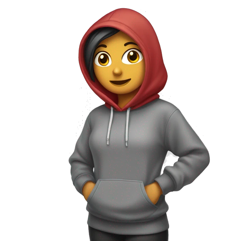 una chica morena con una sudadera y una capucha saludando emoji