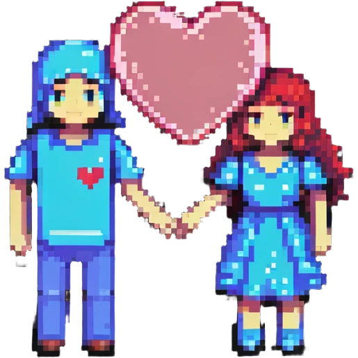 pixel art characters holding hands with heart emoji