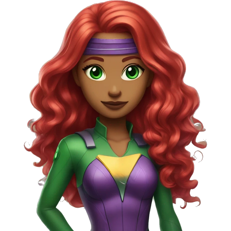 dc comics starfire firey red hair; purple and silver outfit;  emerald green eyes emoji