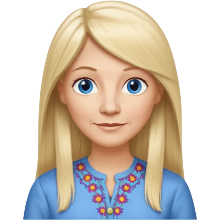 50 yr old white woman, hippie part bangs, very long straight blond hair, oval face, small smile, blue eyes, thin face, hair downback, hair parted at center of head, round cheeks, pale, longer hair, dress shirt emoji