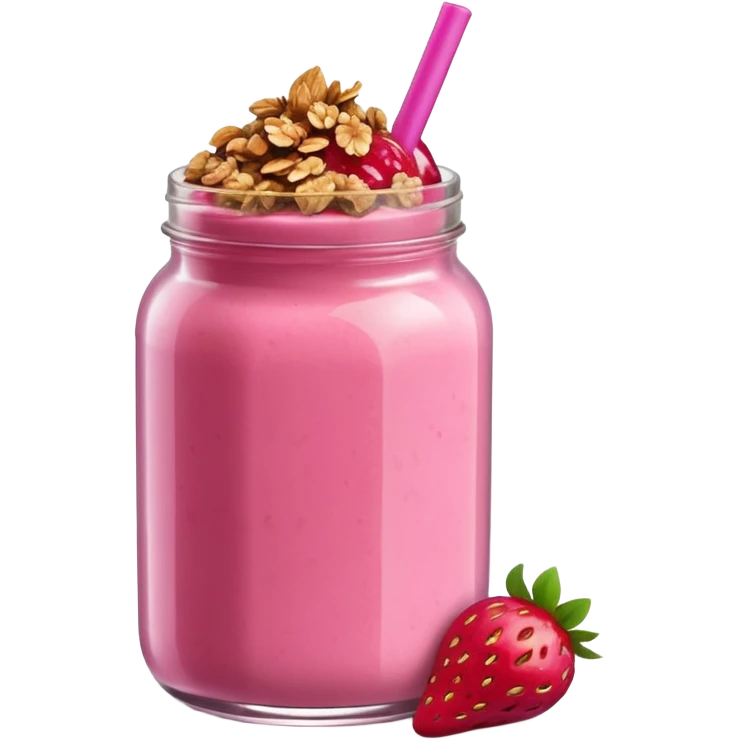Transparent jar of strawberry smoothie topped with granola, minimal background emoji