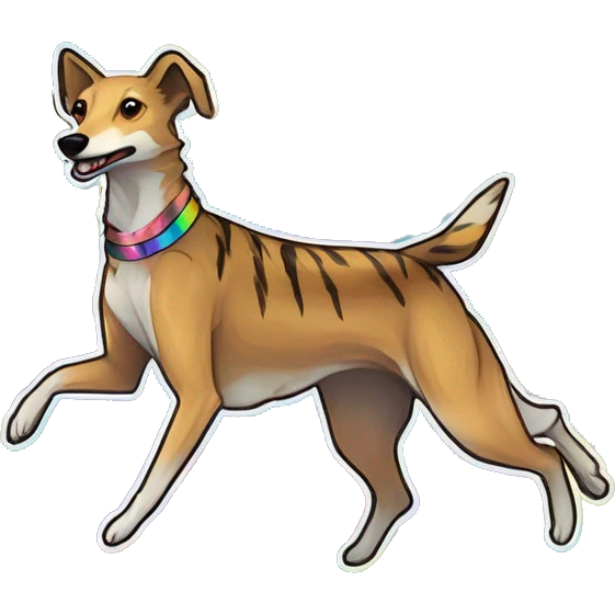  brindle brown black maroon striped lurcher Alsatian fox running blue eyes and iridescent holographic oilslick harness wearing paper iridescent tropical flower crown yellow caution tape emoji