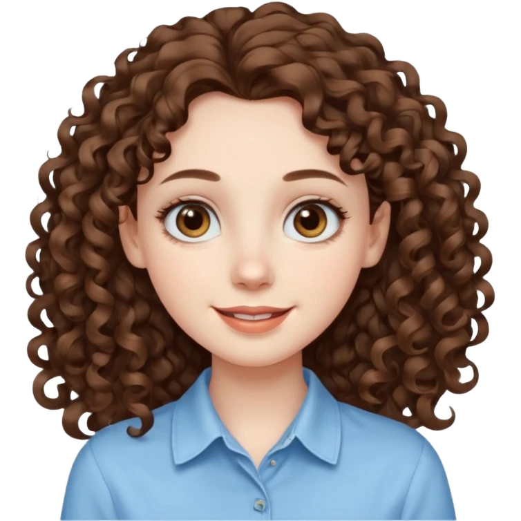 Light brown eyed female with pale skin. She has big eyes, curly and long dark brown hair and thin lips smiling. emoji