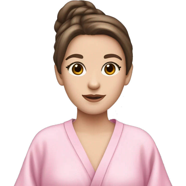 Brunette hair pale skinned but not so pale a little tan girl with a facemask and a cute pink robe and a cute skincare headband  emoji
