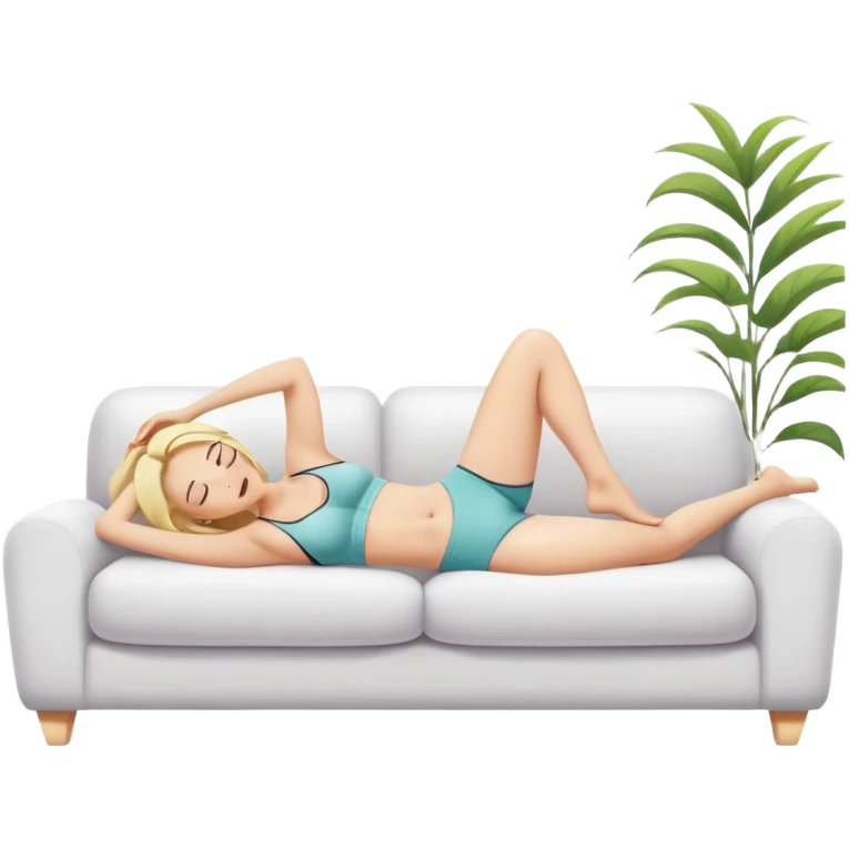 fullbody hypereal busty blonde buxom in undies lying on couch yoga pose comfy sfw emoji