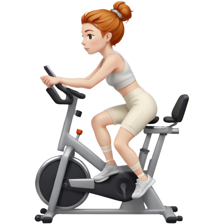 Fit Ginger girl messy bun riding stationary bike cream sweatpants emoji