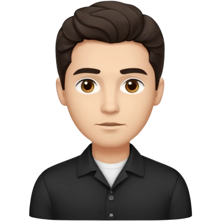 He’s a man with light to medium skin, a defined oval face, full brows, deep-set eyes, and wavy short dark brown tall hair styled with height, sides are trimmed. expression calm and focused relaxed black open-collar. polished, articulate, and coach vibe. personal development emoji