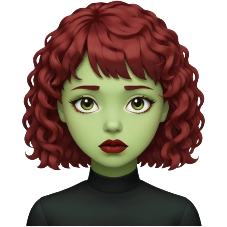 quero que você cria uma mulher, o rosto dela. nela, ela tem cabelo curto e ondulado, tem franja e ela tem semblante triste(cabelo cor meio preto avermelhado) deixe mais cacheado, faça ela bem alternativa (estilo) deixe ela com cor de pele verde emoji