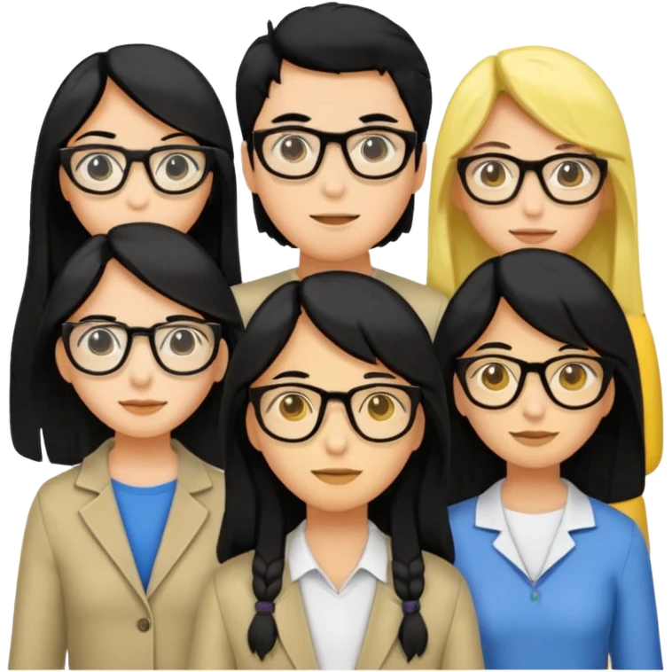 4 persons， 2 female， 2 male, 2male in the middle and 2 female in the side, one female wearing glasses and is black hair, yellow skin, both female are long hair emoji