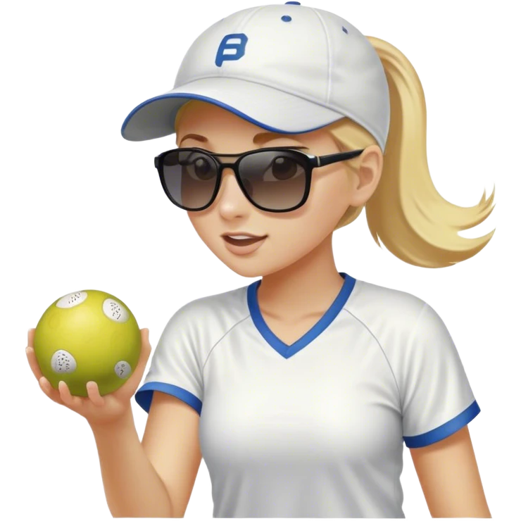 Girl with blond hair in a ponytail wearing a white baseball cap and sunglasses playing pickleball emoji