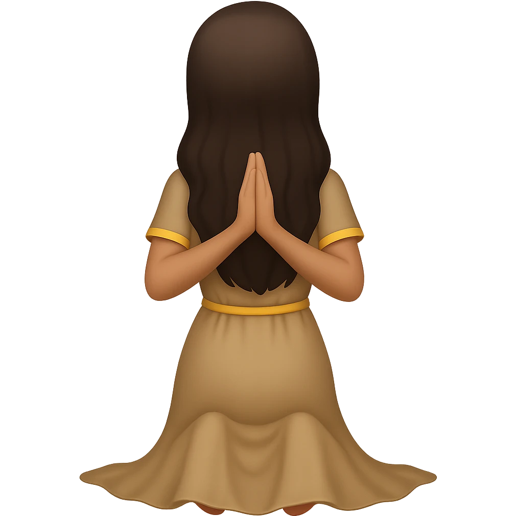 Show the woman kneeling and praying from the back view, wearing a long tan dress, with dark brown hair, in emoji style, no background. emoji