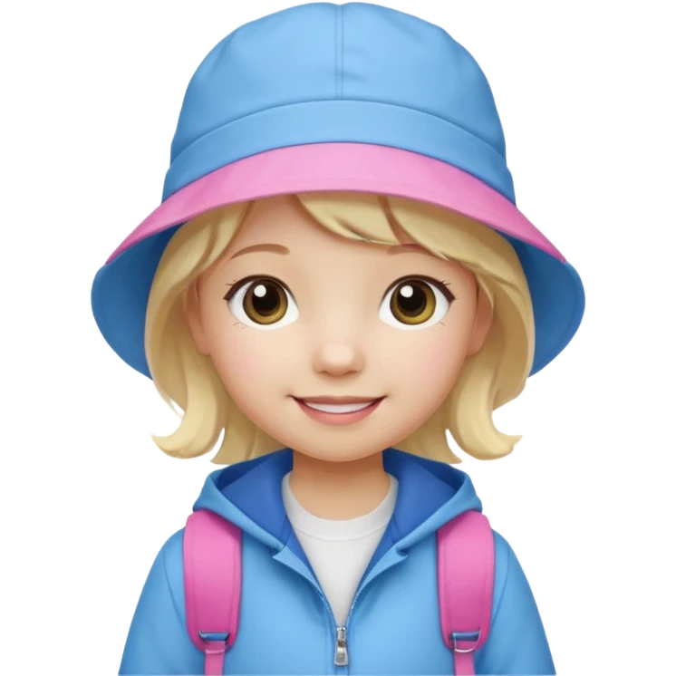A little girl student white skin, blonde hair, with pink bucket hat, white jacket, blue backpack emoji