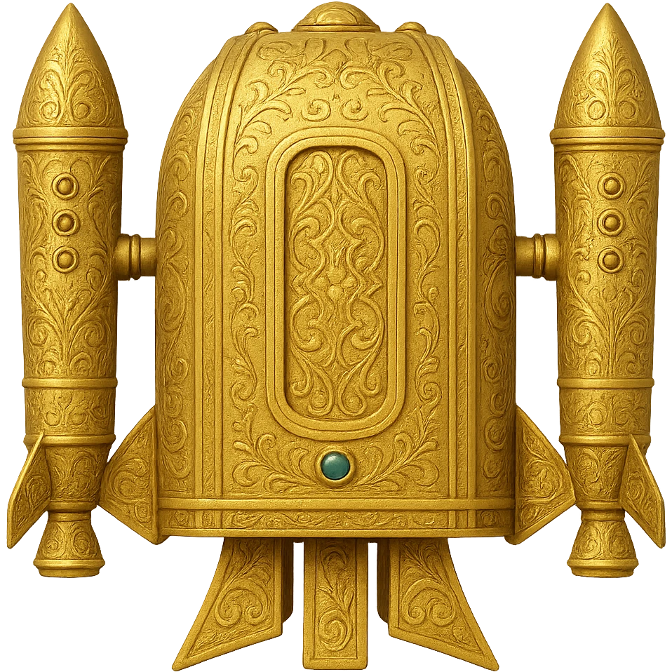 Create a gold ancient wide jetpack with rocket projectiles on both sides, back view, no fire, with engraved patterns in the style of apple emojis. Make it a variant with a different central panel and unique side rocket fins. No background. emoji