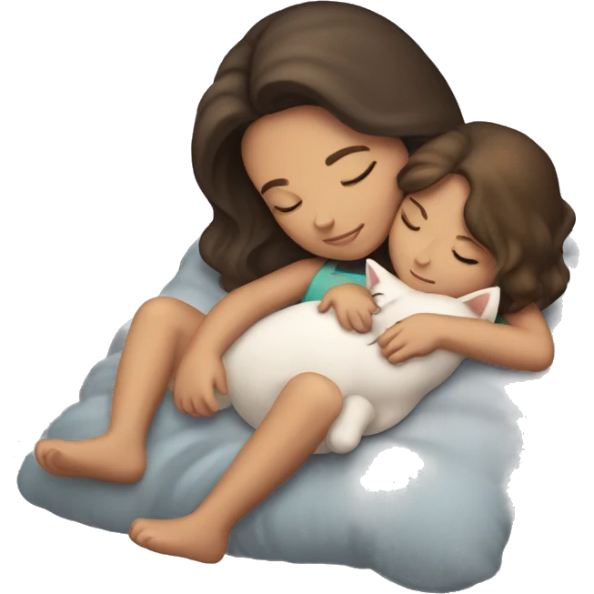 Girl brunette sleeping with tabby cat emoji