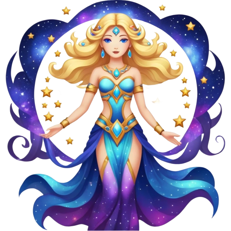 fullbody universe goddess with cosmic elements, stars and galaxy patterns emoji