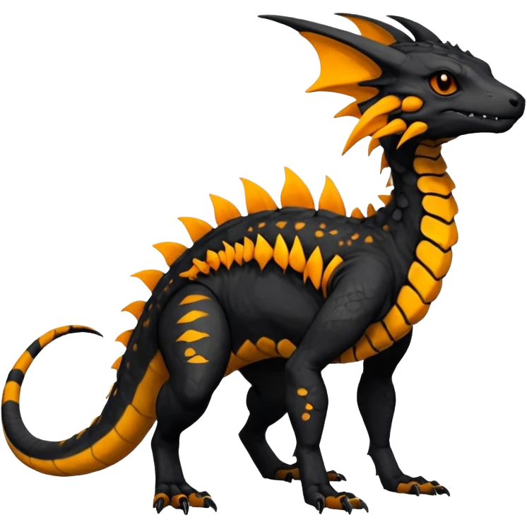 Rare realistic exotic edgy dark gothic gloomy spooky black and orange/yellow epic pretty beautiful handsome gorgeous aesthetic colorful vibrant Vernid-Trico-species-Fakemon-Salandit-hybrid-creature by LiLaiRa, 4 legs, 1 tail, random markings, (full body) emoji