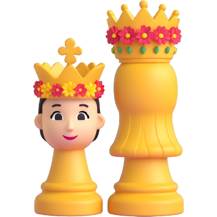 Add more flower types to the 3D queen chess piece with a flower crown, keeping the elegant and natural eco-hacktivist style, no background. emoji