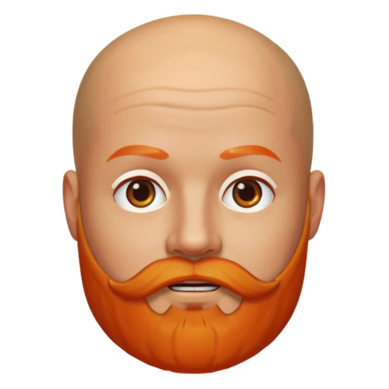 Memoji-style character, shiny bald head, orange eyebrows, thick orange beard, Apple Memoji style emoji