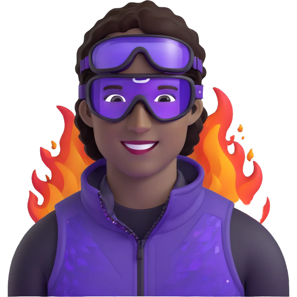 close-up of cool guy male athlete with white skin and moderately curly dark brown hair on top with shaved sides, wearing ski goggles with purple frames and very dark black lenses, winking behind the goggles, with an open mouth confident smile like a cool guy, a simple plain black chain necklace, and a completely unzipped sleeveless vest with purple and black sequin fire pattern design with no logo emoji