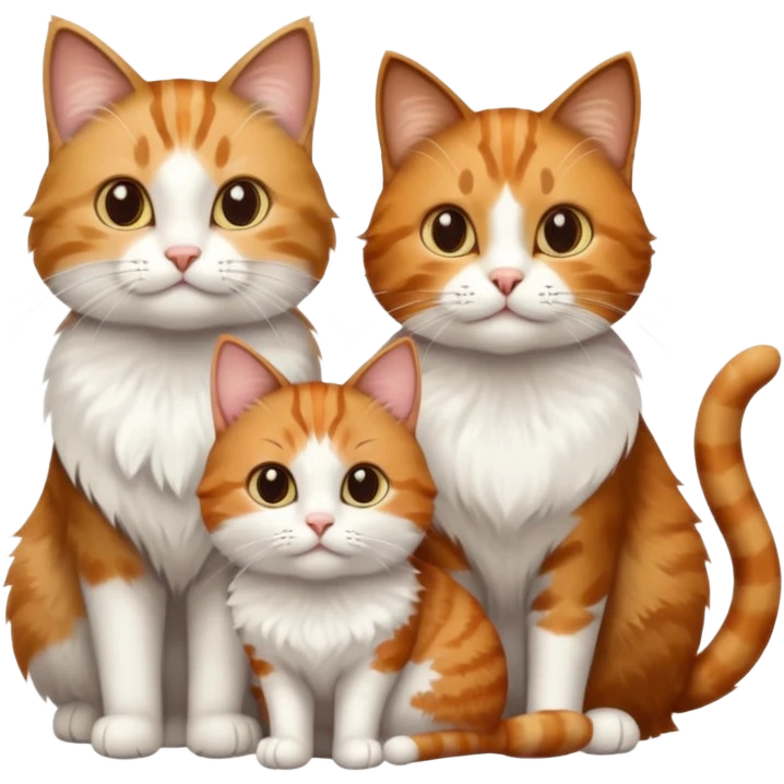 3 cats and each are different natural colours including brown tabby and white, calico, and ginger and white emoji