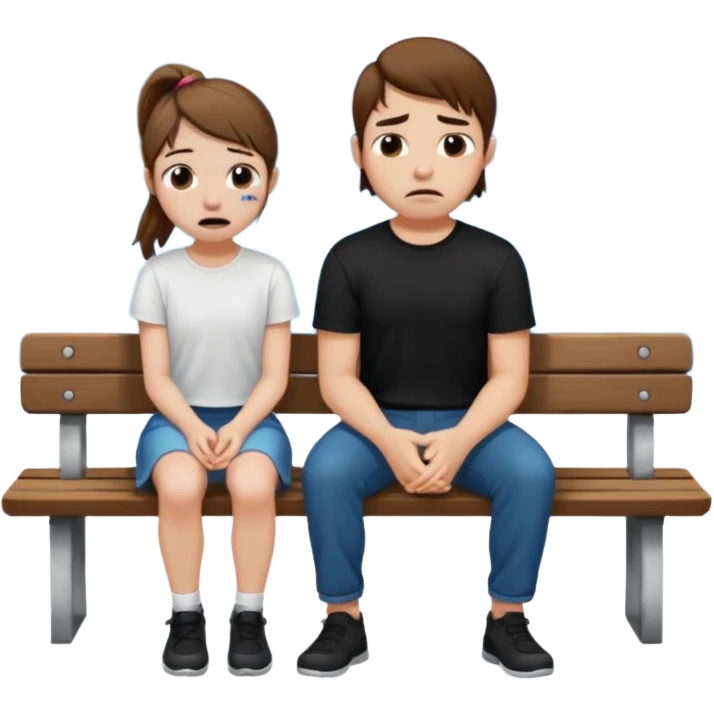 pale girl  with brown ponytail and ugly face  with boy  with brown hair black short and a white shirt sitting sobbing by himself on a bench with a lake in the back  emoji