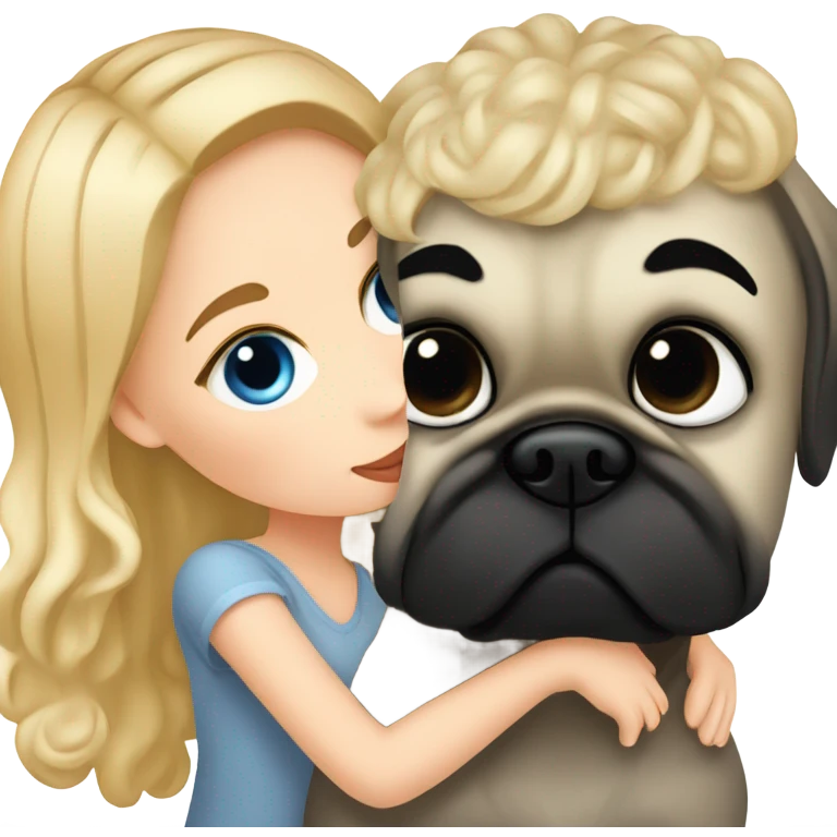 Girl with wavy blonde hair a d blue eyes, kissing a black pug emoji