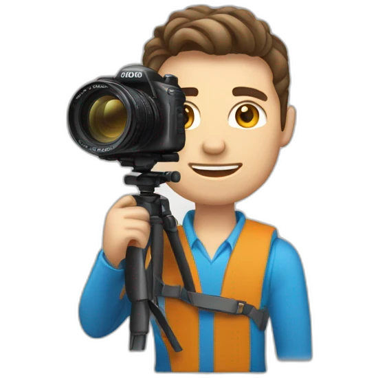 Male Photographer shaved Caucasian wavy hair brunette holding camera emoji