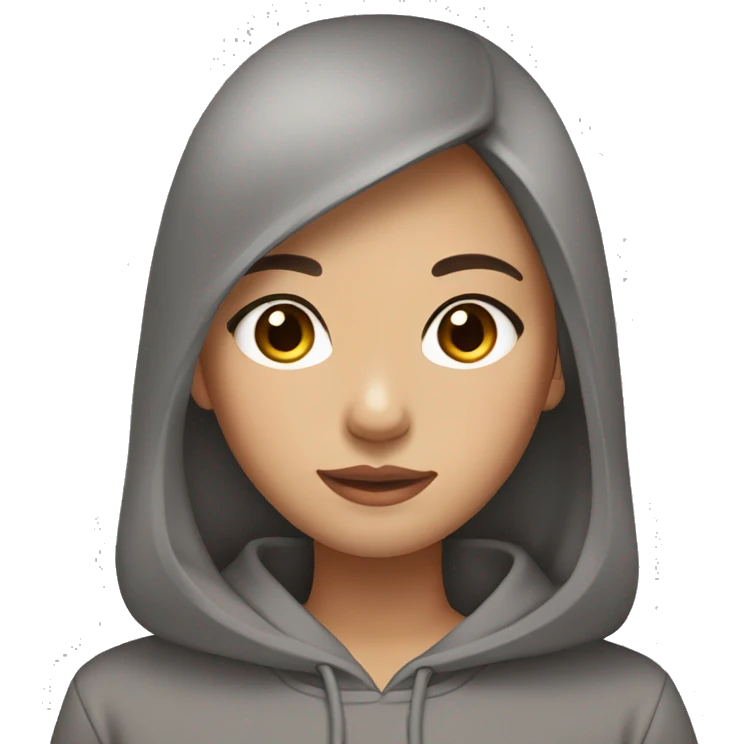 asian girl, brown eyes with mascara, dark brown hair with light highlights at the bottom, hair down, gray hoodie. emoji