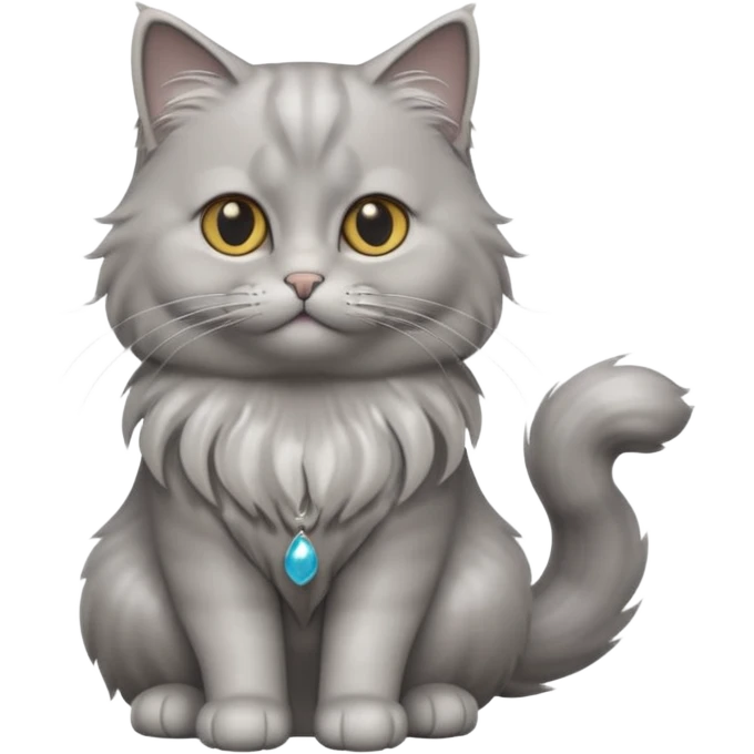 A 3D cartoon silver-gray British Longhair cat with flowing fur and soft reflections, calm sitting pose, Memoji-style rendering. full body or half body. emoji