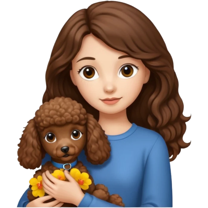 dziewczyna, długie brązowe włosy z małym brązowym pudlem na ręce emoji