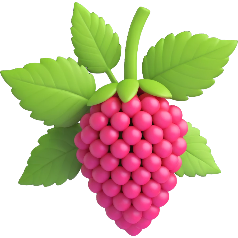 3D iOS style raspberry with green leaves, cute and playful design, another angle variation emoji