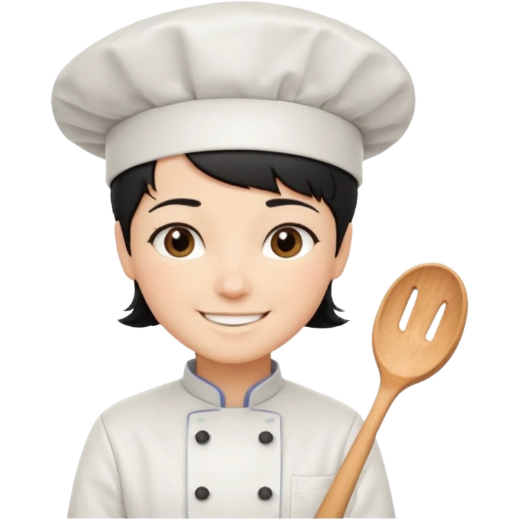 Short black hair, happy, wearing chef uniform and chef hat emoji