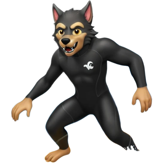 A werewolf in a wetsuit surfing between two waves emoji