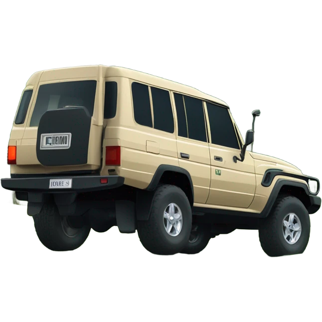 Land Cruiser 79 series 2024 in beige parked on a lush dark green mountain with a luxurious wood house and horses and deers running around  emoji