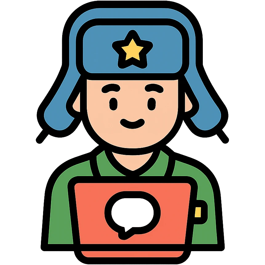military blogger from Russian army wearing an ushanka hat emoji
