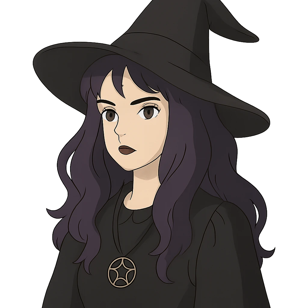 gothic woman with purple hair, witchy touch, in ghibli style emoji