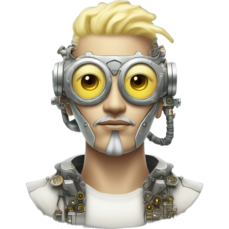 Pastel light yellow hair cyborg head with silver steampunk goggles, goatee and circuits emoji