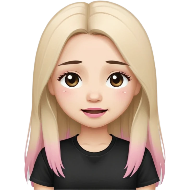 Crying Slavic girl, light skin, long eye lashes, pink beige lips, brown eyes, long black-to-blonde ombre straight hair, black T-shirt, chibi, smiling. emoji