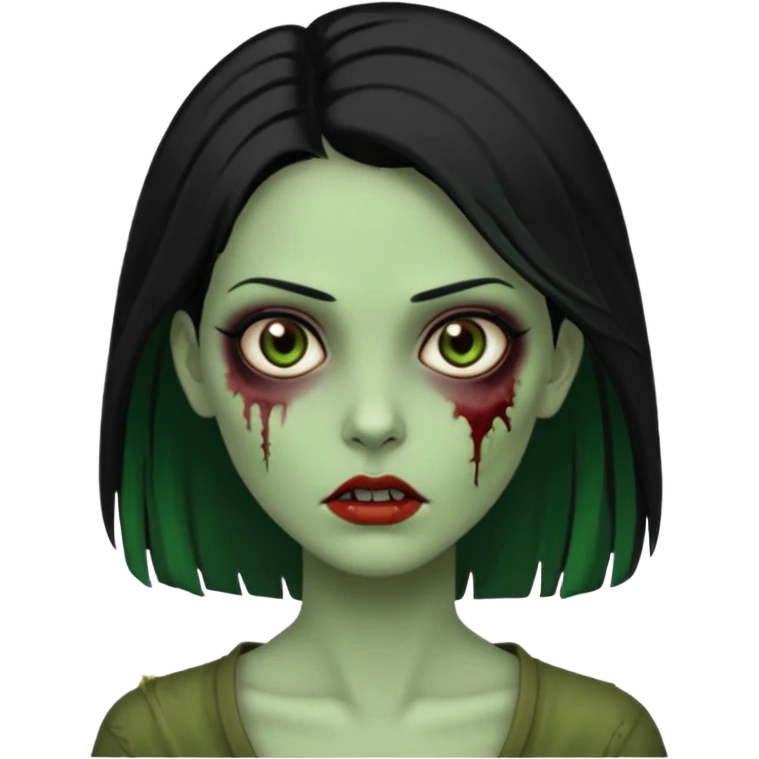 Faça uma zombie mulher bonita verde com olhos castanhos cabelos pretos partido ao meio liso, com estilo  emoji