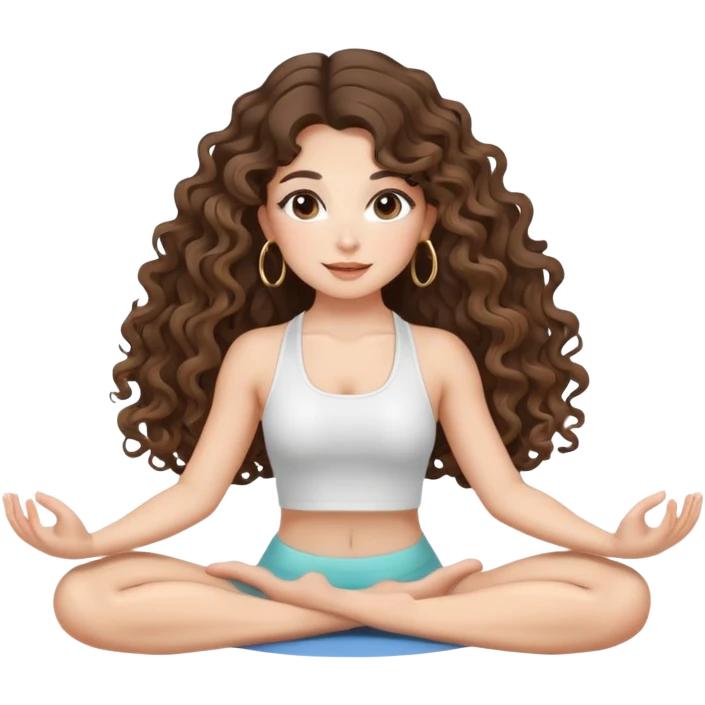 cute balayage brunette long hair curly/wavy haired girl, hoop earrings, clean girl makeup DOING a YOGA pose emoji