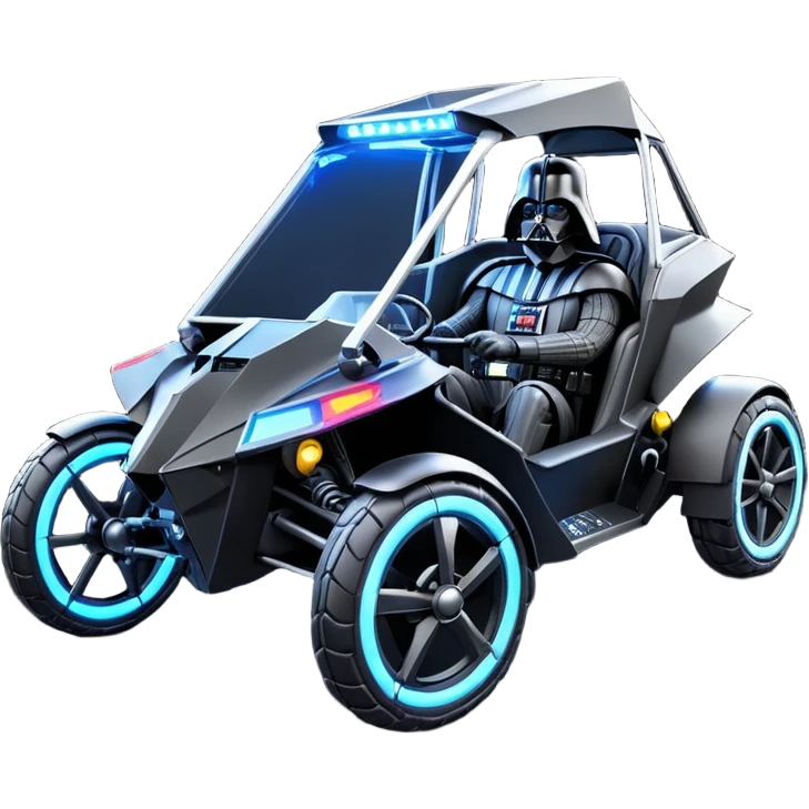 Mad max survival apocalypse ghostly sporty futuristic electric Darth Vader’s Batman-armored 1876 black graphite colored enclosed twin seat town buggy with horizontal holographic 3d stars painted on the body sides and neon under glow  emoji