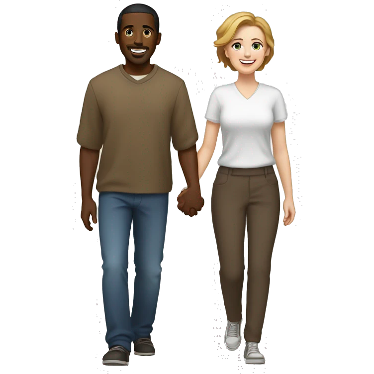 A black Somali man with short hair and a white woman with  brown hair holding hands and walking side by side, smiling and enjoying their time together emoji