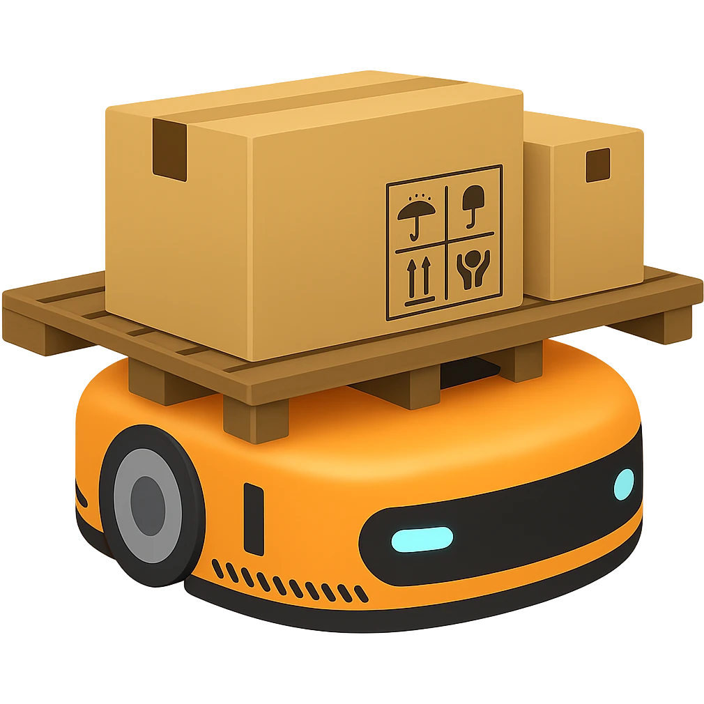 Create an image of an Automated Guided Vehicle (AGV) with a pallet and boxes on it, in the style of Apple emojis. The background should be transparent. The style is Apple emoji style, but using the general editor for editing support. emoji
